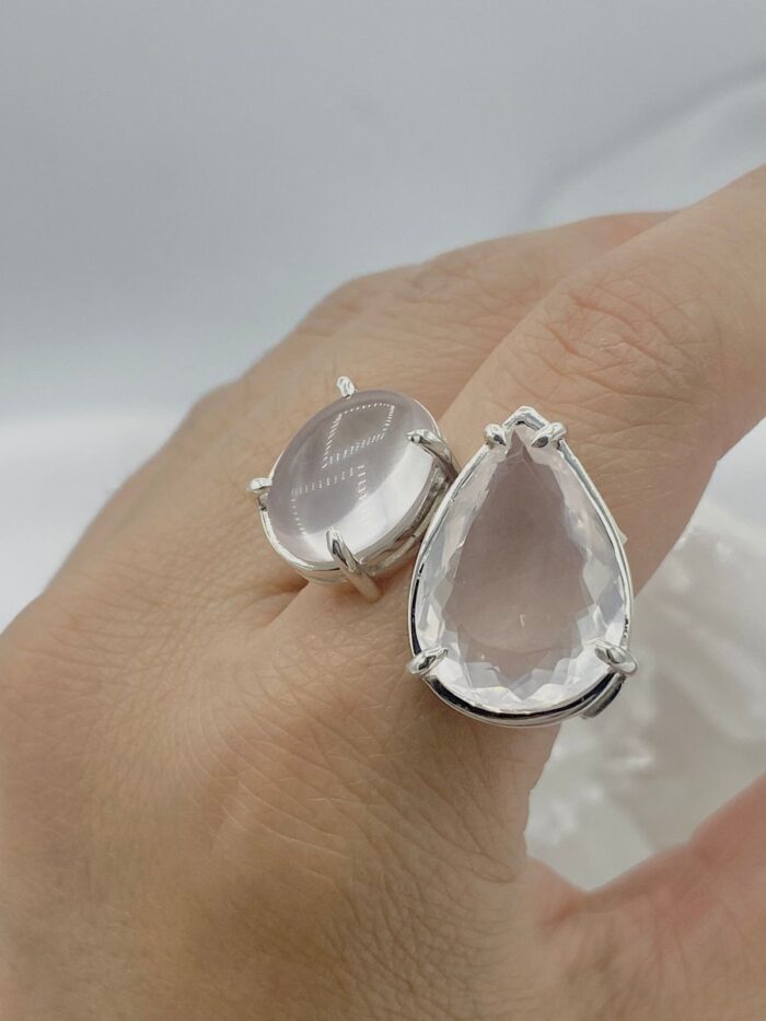 Anillo Doble Cuarzo Rosa Gota y ovalado cabuchón Colección Armonía Dual - Imagen 2