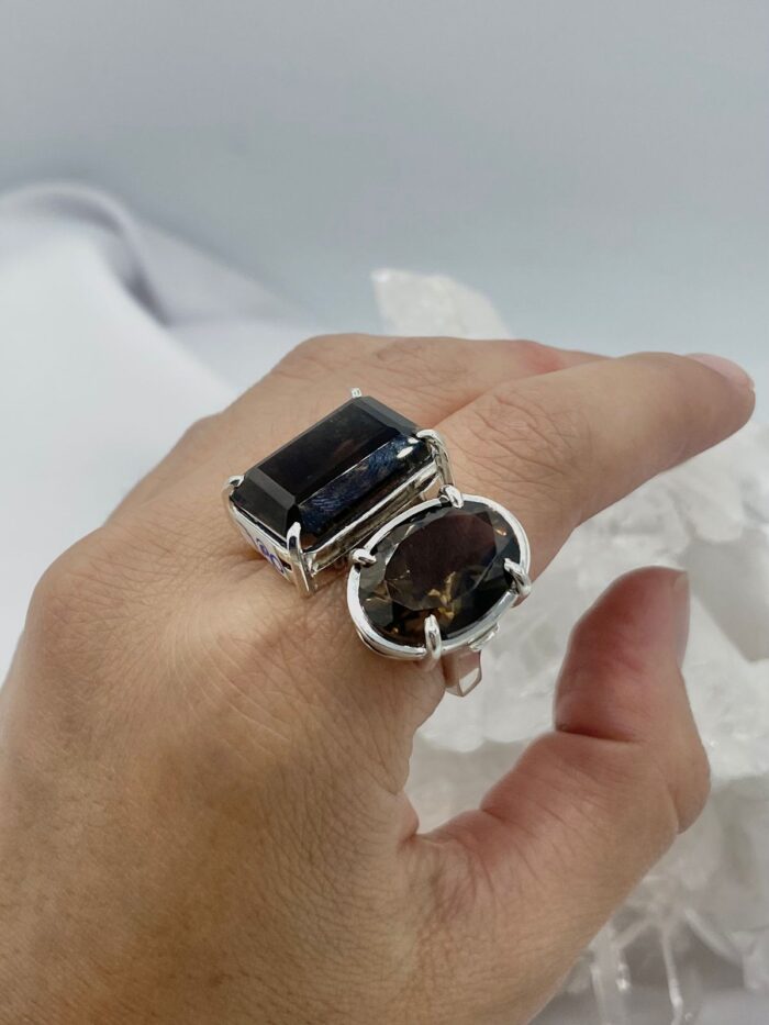 Anillo Doble Cuarzo Humo rectangular y ovalado Colección Armonía Dual - Imagen 2